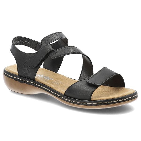 Czarne Sandały Rieker Modne Obuwie Damskie. Czarne sandały Rieker, bez wzorów, z materiału, bez obcasa, na koturnie, bez zapięcia. Za 319,00 zł.