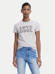 Desigual T-Shirt Love Dsgl 25SWTK10 Szary Regular Fit. Szare t-shirty Desigual, s, bez wzorów, z bawełny, bez kołnierzyka, bez ramiączek. Za 109,99 zł.