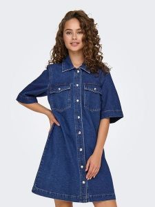 ONLY Sukienka dżinsowa w kolorze niebieskim rozmiar: XL. Niebieskie sukienki ONLY, na co dzień, xl, bez wzorów, z bawełny, bez kołnierzyka, bez ramiączek, mini, proste. Za 136,13 zł.