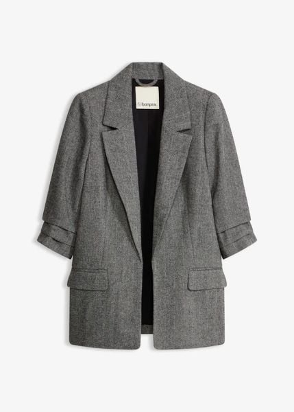 Długi żakiet z kołnierzykiem z klapkami. Czarne marynarki i żakiety bonprix, bez wzorów, eleganckie. Za 239,99 zł.
