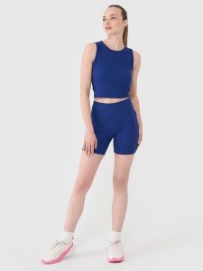 4F Legginsy krótkie dzianinowe damskie - granatowe S. Niebieskie legginsy 4f, bez wzorów, z bawełny, z podwyższonym stanem, krótkie. W wyprzedaży za 39,99 zł.