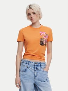 Desigual T-Shirt Botanical 25SWTK48 Pomarańczowy Slim Fit. Brązowe t-shirty Desigual, l, bez wzorów, z bawełny, bez kołnierzyka, bez ramiączek. Za 79,99 zł.