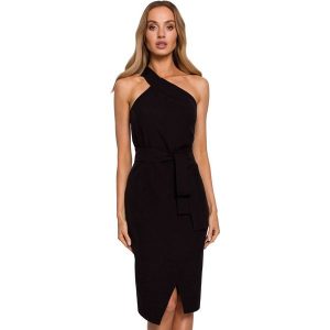 Sukienka elegancka ołówkowa na jedno ramię z rozcięciem czarna. Czarne sukienki Sukienki.shop, s, bez wzorów, eleganckie, bez kołnierzyka, bez ramiączek, ołówkowe. Za 149,00 zł.