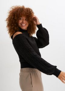 Sweter cold-shoulder. Szare swetry klasyczne bonprix, bez kołnierzyka. Za 129,99 zł.