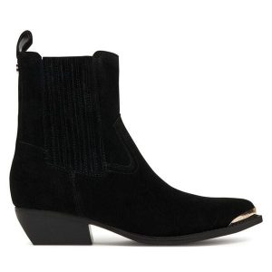 Kowbojki Guess. Czarne botki Guess, z aplikacjami, bez obcasa, na słupku, bez zapięcia. Za 569,99 zł.