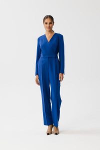 Chabrowy Kombinezon z Wiązaniem w Talii. Niebieskie kombinezony MOE, l, bez wzorów, z elastanu, eleganckie, bez kołnierzyka, bez ramiączek. Za 379,90 zł.