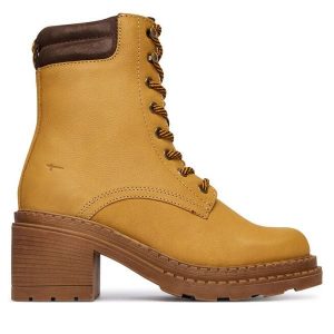 Trzewiki Tamaris. Brązowe botki Tamaris, bez wzorów, bez obcasa, na słupku, bez zapięcia. Za 439,99 zł.