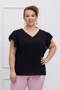 Czarna bluzka Sara XXL OVERSIZE LATO. Czarne bluzki Moda Size Plus Iwanek, s, bez wzorów, z elastanu, bez kołnierzyka, bez ramiączek. W wyprzedaży za 69,90 zł.