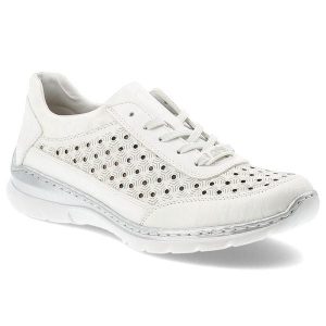 Półbuty damskie Rieker, skóra naturalna perforowana cholewka sznurowany fason lekka elastyczna podeszwa okrągły nosek, białe, L3217-80. Białe półbuty Rieker, bez wzorów, ze skóry, z okrągłym noskiem, bez obcasa, na płaskiej podeszwie, bez zapięcia. Za 349,00 zł.