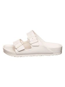 Birkenstock Klapki "Birkenstock Arizona" w kolorze kremowym rozmiar: 37. Brązowe klapki Birkenstock, bez wzorów, z otwartym noskiem, bez obcasa. Za 196,24 zł.