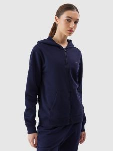 4F Bluza dresowa rozpinana z kapturem damska - granatowa XS. Niebieskie bluzy 4f, xs, bez wzorów, z bawełny, z kapturem. W wyprzedaży za 89,99 zł.