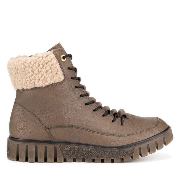 Trzewiki Rieker. Brązowe botki Rieker, bez wzorów, bez obcasa, na płaskiej podeszwie, bez zapięcia. Za 293,99 zł.