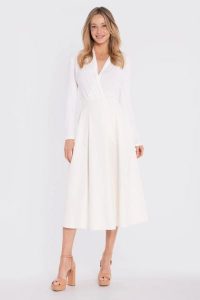 Rozkloszowana spódnica z wysokim stanem kremowa. Białe spódnice Stylove, l, bez wzorów, eleganckie, midi. Za 289,00 zł.
