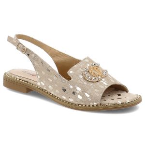 Sandały damskie S. Barski, skórzane z ozdobą na płaskim obcasie we wzorki i na płaskim obcasie, złote, KV51-096. Żółte sandały S.BARSKI, z aplikacjami, bez obcasa, na płaskiej podeszwie, bez zapięcia. Za 149,00 zł.