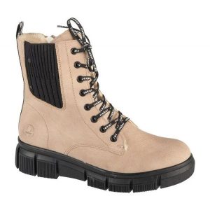 Buty Rieker Booties X3414-60 beżowy. Brązowe botki bez wzorów, z materiału, bez obcasa, bez zapięcia. Za 501,90 zł.