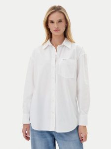 Guess Jeans Koszula W4YH22 WGCF1 Biały Relaxed Fit. Białe koszule Guess Jeans, xxl, z aplikacjami, z bawełny, bez kołnierzyka, bez ramiączek. Za 209,99 zł.
