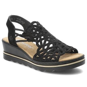 Czarne Sandały Rieker Eleganckie Obuwie Damskie. Czarne sandały Rieker, bez wzorów, z materiału, bez obcasa, na koturnie, bez zapięcia. Za 349,00 zł.