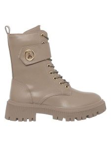 Patrizia Pepe Skórzane botki w kolorze szarobrązowym rozmiar: 38. Brązowe botki Patrizia Pepe, z aplikacjami, bez obcasa, bez zapięcia. Za 465,95 zł.