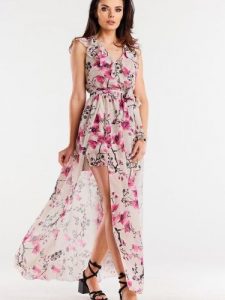 Sukienka Model A502 Cherry Flowers - awama. Czerwone sukienki Awama, l, bez wzorów, z szyfonu, bez kołnierzyka, bez ramiączek, maxi, kopertowe. Za 548,36 zł.