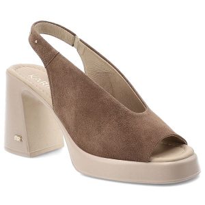 Sandały damskie Karino, cholewka ze skóry naturalnej zamszowej wsuwany fason z paskiem wokół pięty, brązowe, 5544/008-P. Brązowe sandały Karino, bez wzorów, ze skóry, bez obcasa, bez zapięcia. Za 499,00 zł.