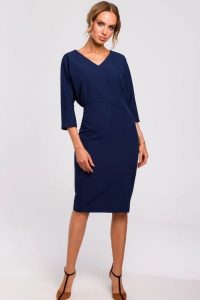 Sukienka ołówkowa zbluzowana góra i dekolt V granatowa. Sukienki Sukienki.shop, do pracy, s, bez wzorów, biznesowe, bez kołnierzyka, bez ramiączek, ołówkowe. Za 229,00 zł.