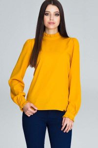 Musztardowa Bluzka ze Stójką z Riuszką. Bluzki Figl, s, bez wzorów, z elastanu, bez kołnierzyka, bez ramiączek. Za 179,00 zł.