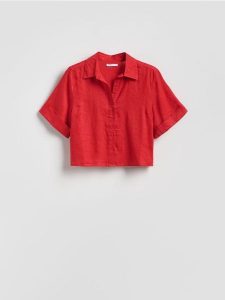 Lniana koszula - czerwony. Czerwone koszule Reserved, l, bez wzorów, bez kołnierzyka, bez ramiączek. Za 129,99 zł.