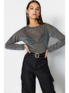 Trendyol Bluzka w kolorze antracytowym rozmiar: S. Czarne bluzki Trendyol, s, bez wzorów, bez kołnierzyka, bez ramiączek. Za 56,99 zł.