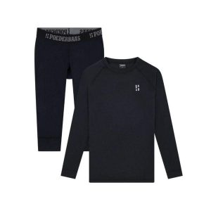 Koszulka z wełny merynosów termoutwardzalna – damska – koszula + legginsy 3/4. Czarne komplety bielizny POEDERBAAS, bez wzorów, z wełny. W wyprzedaży za 438,12 zł.