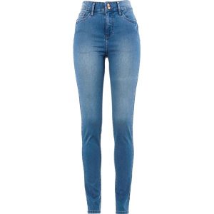 "Dżinsy Slim Fit ""super-stretch"", high waist". Czarne jeansy bonprix, bez wzorów, z jeansu, z podwyższonym stanem. Za 129,99 zł.