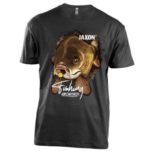 Koszulka wędkarska Jaxon Nature Karp. Czarne bluzki JAXON, s, bez wzorów, sportowe, bez kołnierzyka, bez ramiączek. Za 69,99 zł.