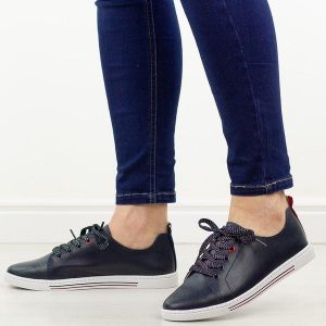 Granatowe skórzane półbuty, tenisówki damskie S.Barski 268R. Niebieskie półbuty S.BARSKI, na jesień, bez wzorów, ze skóry, bez obcasa, bez zapięcia. Za 219,00 zł.