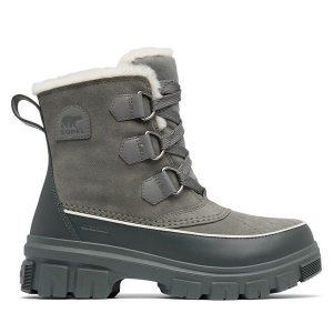 Śniegowce Sorel. Szare buty zimowe Sorel, bez obcasa, bez zapięcia. Za 549,99 zł.