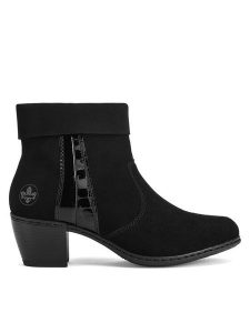 Rieker Botki Y2152-00 Czarny. Czarne botki Rieker, bez wzorów, ze skóry, bez obcasa, na słupku, bez zapięcia. Za 303,00 zł.