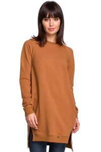Karmelowa Długa Nierozpinana Bluza z Rozporkami. Brązowe bluzy MOE, l, bez wzorów, z bawełny, bez kaptura. Za 249,90 zł.