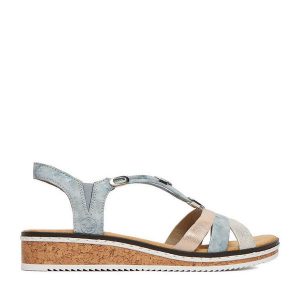 Sandały Rieker. Niebieskie sandały Rieker, bez wzorów, bez obcasa, na płaskiej podeszwie, bez zapięcia. Za 319,99 zł.