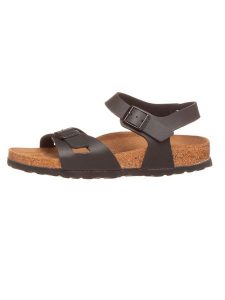 Birkenstock Skórzane sandały "Rio" w kolorze czarnym rozmiar: 36. Czarne sandały Birkenstock, bez wzorów, z otwartym noskiem, bez obcasa, bez zapięcia. Za 215,95 zł.