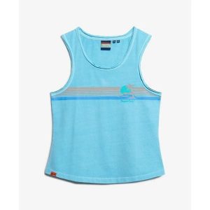 Damski tank top Superdry. Niebieskie topy Superdry, bez wzorów, bez kołnierzyka, bez ramiączek. W wyprzedaży za 125,80 zł.