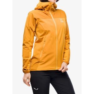 Kurtka softshell damska Haglofs Moran Softshell Hood. Żółte kurtki Haglöfs, bez wzorów, z softshellu, bez kaptura. Za 596,99 zł.