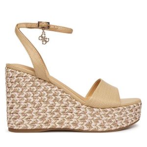 Sandały Guess. Brązowe sandały Guess, z aplikacjami, bez obcasa, na koturnie, bez zapięcia. Za 474,99 zł.