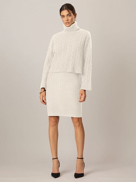 APART 2-częściowy zestaw w kolorze kremowym rozmiar: 44. Brązowe sukienki Apart, bez wzorów, z dzianiny, bez kołnierzyka, bez ramiączek, midi. Za 264,15 zł.