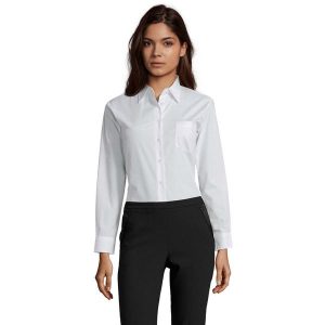Damska Bluzka Biznesowa Z Długim Rękawem Executive Poplin. Białe bluzki SOL'S, l, bez wzorów, biznesowe, bez kołnierzyka, bez ramiączek. Za 124,99 zł.