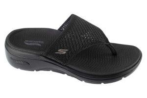 Japonki damskie, Go Walk Arch Fit 2.0 Sandal - Carrie. Czarne klapki Skechers, bez wzorów, z materiału, bez obcasa. Za 229,99 zł.