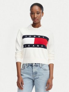 Tommy Jeans Sweter Flag DW0DW22930 Biały Regular Fit. Białe swetry klasyczne Tommy Jeans, s, z bawełny, bez kołnierzyka. Za 409,99 zł.