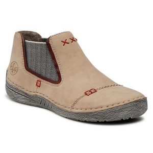 Sztyblety Rieker. Brązowe botki Rieker, bez wzorów, bez obcasa, na płaskiej podeszwie, bez zapięcia. Za 167,97 zł.