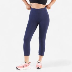Legginsy do biegania krótkie damskie Kiprun Run 500 Comfort. Niebieskie legginsy KIPRUN, bez wzorów, z elastanu, z podwyższonym stanem, krótkie. Za 89,99 zł.