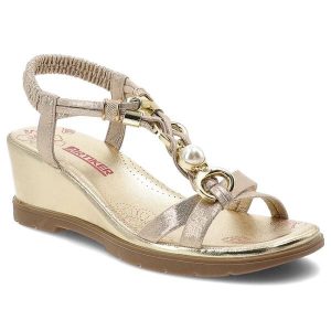 Sandały damskie Artiker, cholewka z materiału o metalicznym wykończeniu wielopaskowa konstrukcja elastyczny pasek na pięcie, złote, 58C0023. Żółte sandały ARTIKER, bez wzorów, bez obcasa, na koturnie, bez zapięcia. Za 189,00 zł.