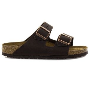Birkenstock Arizona SFB LEOI Habana Klapki damskie. Brązowe klapki Birkenstock, bez wzorów, z nubiku, z otwartym noskiem, bez obcasa. Za 489,99 zł.