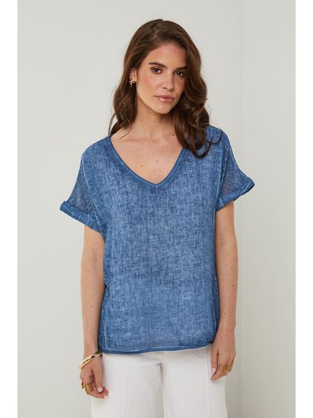 Rodier Lin Lniana koszulka w kolorze niebieskim rozmiar: M/L. Niebieskie bluzki Rodier Lin, l, bez wzorów, ze lnu, bez kołnierzyka, bez ramiączek. Za 149,31 zł.