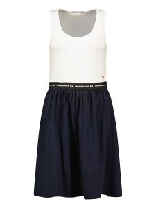 Canadian Peak Sukienka "Jodieak" w kolorze biało-granatowym rozmiar: XL. Białe sukienki Canadian Peak, xl, bez wzorów, z bawełny, bez kołnierzyka, bez ramiączek, midi, rozkloszowane. Za 82,99 zł.